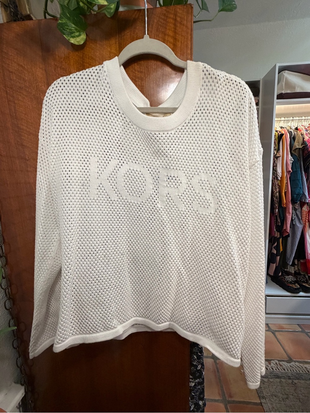 NWT Michael Kors White Open Knit Logo Sweater XL MSRP $110